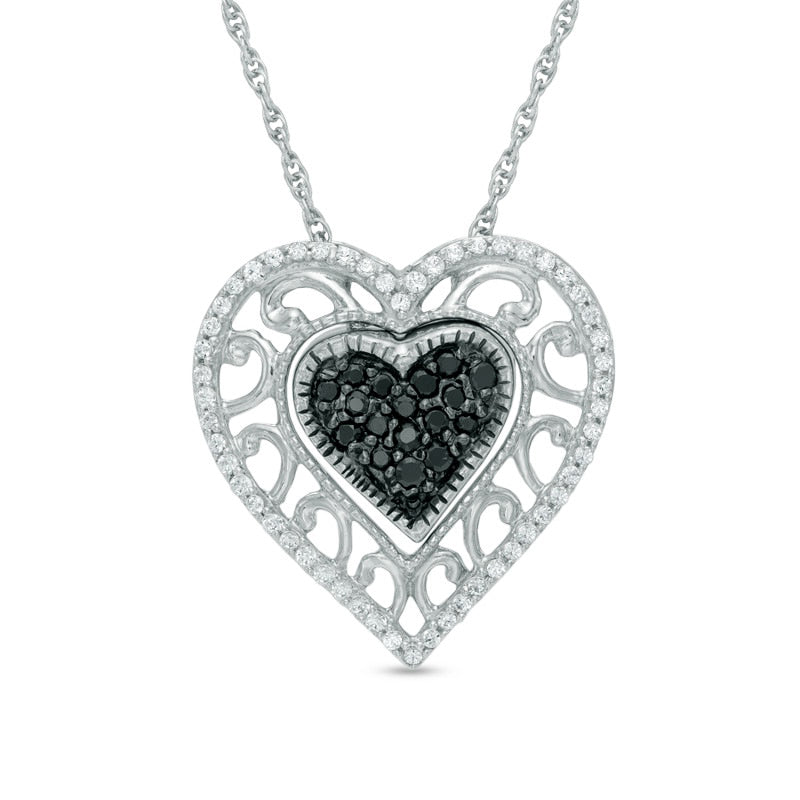 0.25 CT. T.W. Enhanced Black and White Natural Diamond Scroll Heart Pendant in Sterling Silver