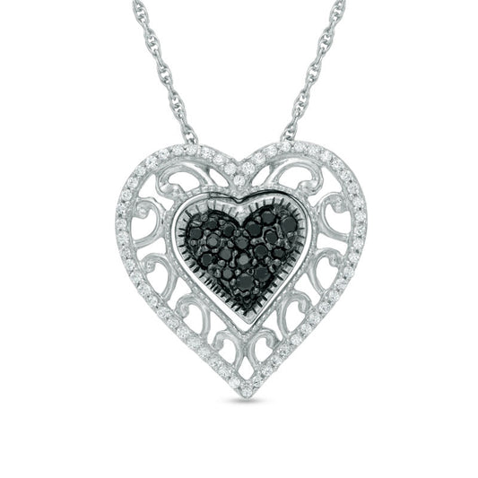0.25 CT. T.W. Enhanced Black and White Natural Diamond Scroll Heart Pendant in Sterling Silver