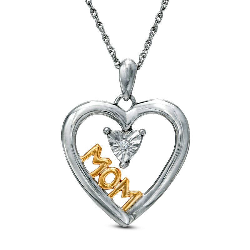 Natural Diamond Accent Heart with MOM" Pendant in Sterling Silver and 14K Gold Plate"