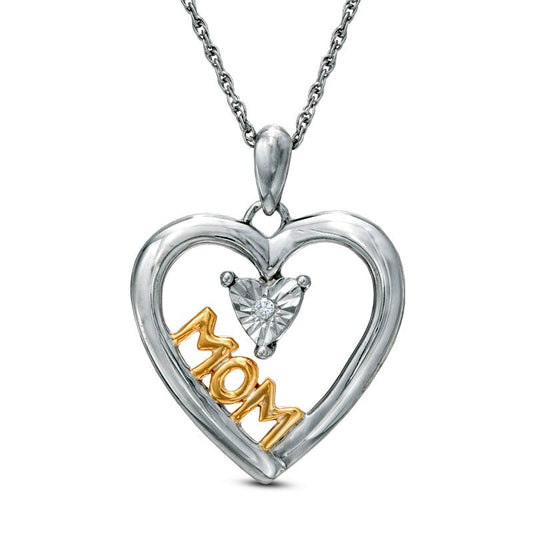 Natural Diamond Accent Heart with MOM" Pendant in Sterling Silver and 14K Gold Plate"