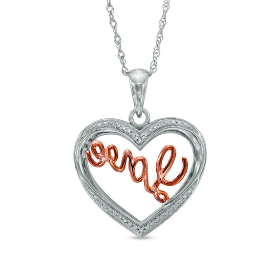 Natural Diamond Accent Heart with Cursive Love" Pendant in Sterling Silver and 10K Rose Gold Plate"