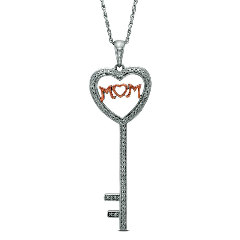 Natural Diamond Accent Heart-Top Key with MOM" Pendant in Sterling Silver and 10K Rose Gold Plate"