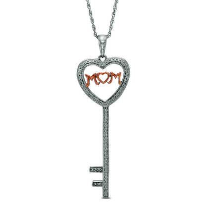 Natural Diamond Accent Heart-Top Key with MOM" Pendant in Sterling Silver and 10K Rose Gold Plate"