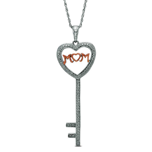 Natural Diamond Accent Heart-Top Key with MOM" Pendant in Sterling Silver and 10K Rose Gold Plate"