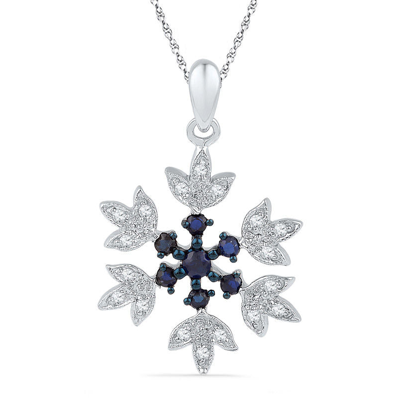 Lab-Created Blue Sapphire and 0.05 CT. T.W. Diamond Snowflake Pendant in Sterling Silver
