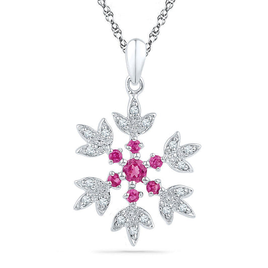 Lab-Created Pink Sapphire and Diamond Accent Snowflake Pendant in Sterling Silver