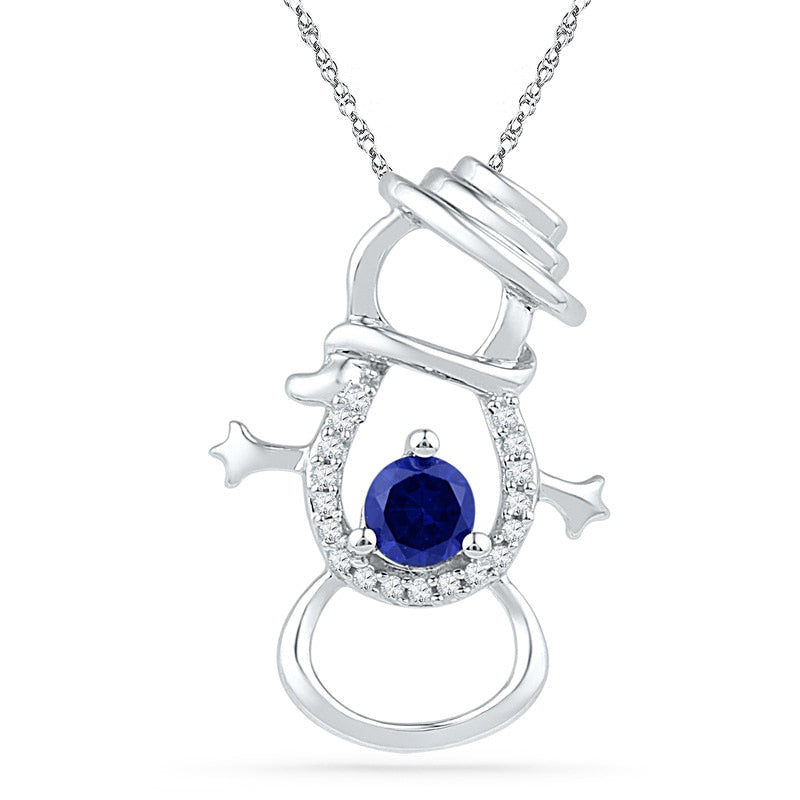 4.0mm Lab-Created Blue Sapphire and Diamond Accent Snowman Pendant in Sterling Silver