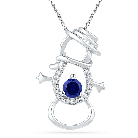 4.0mm Lab-Created Blue Sapphire and Diamond Accent Snowman Pendant in Sterling Silver