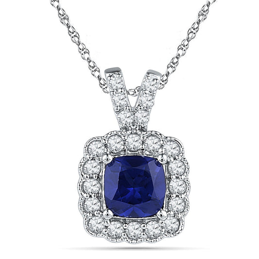 8.0mm Cushion-Cut Lab-Created Blue and White Sapphire Frame Pendant in Sterling Silver
