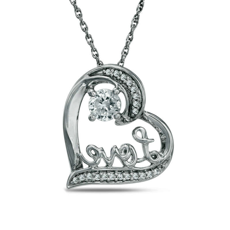 4.5mm Lab-Created White Sapphire and Diamond Accent Love" Heart Pendant in Sterling Silver"