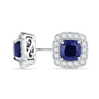 6.5mm Cushion-Cut Lab-Created Blue and White Sapphire Frame Stud Earrings in Sterling Silver