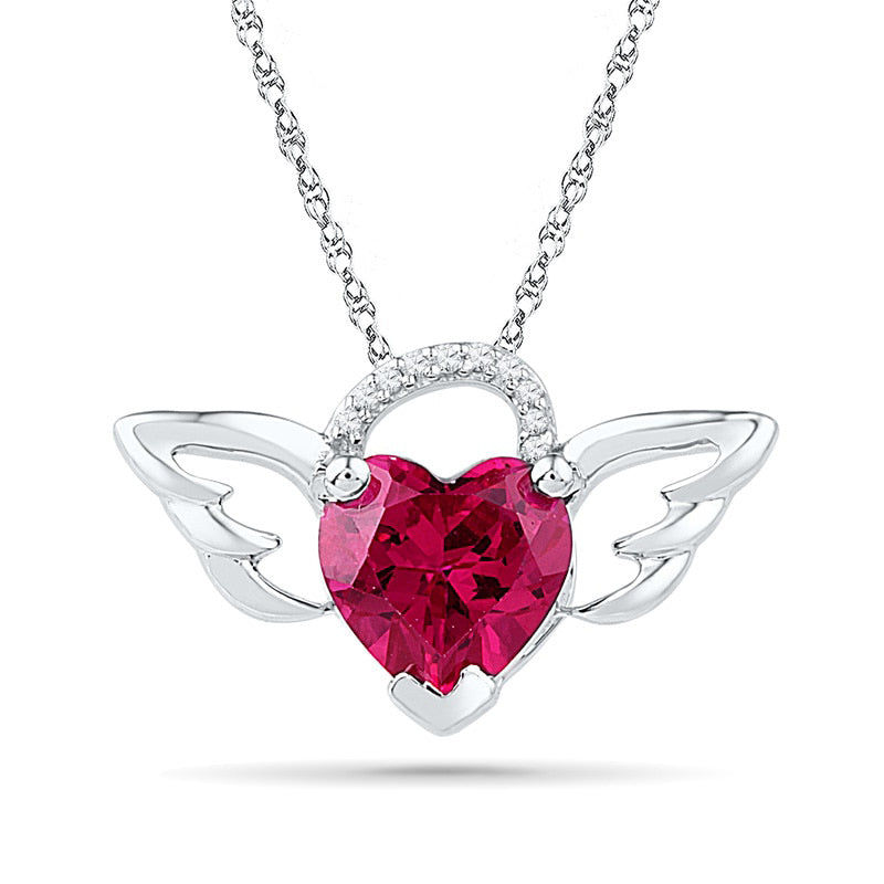 8.0mm Heart-Shaped Lab-Created Ruby and Diamond Accent Wings Pendant in Sterling Silver