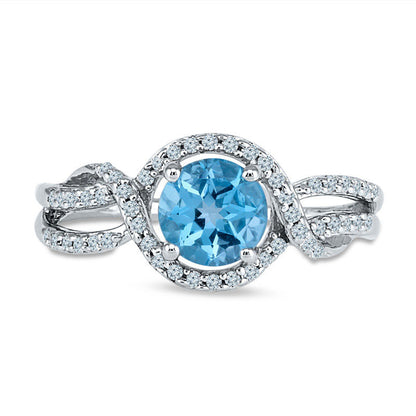 6.0mm Blue Topaz and 0.20 CT. T.W. Natural Diamond Split Shank Ring in Solid 10K White Gold
