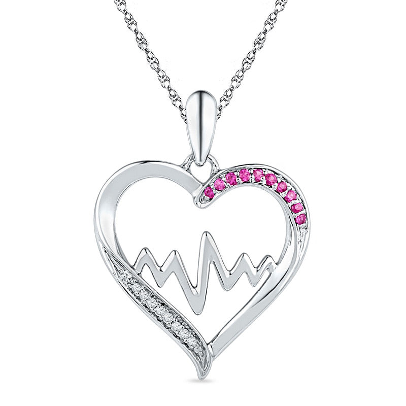 Lab-Created Pink Sapphire and Diamond Accent Heartbeat Heart Pendant in Sterling Silver