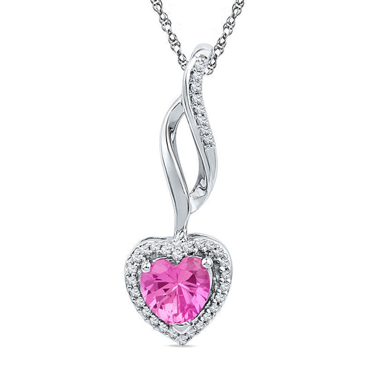 6.0mm Heart-Shaped Lab-Created Pink Sapphire and 0.1 CT. T.W. Diamond Swirl Pendant in Sterling Silver