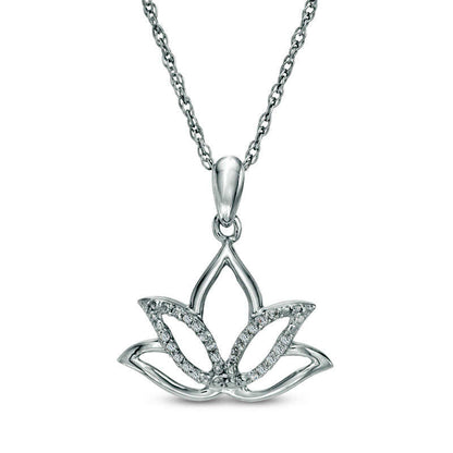 Natural Diamond Accent Outline Lotus Flower Pendant in Sterling Silver