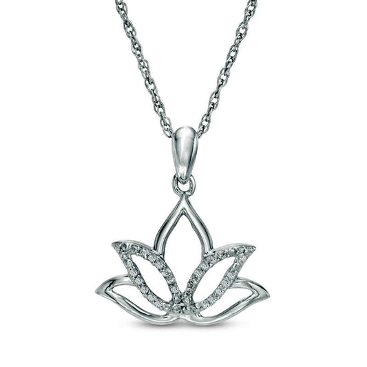 Natural Diamond Accent Outline Lotus Flower Pendant in Sterling Silver