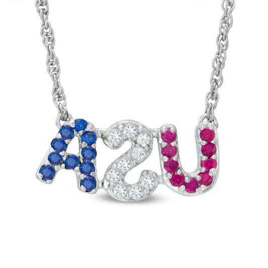 Lab-Created Ruby and White and Blue Sapphire USA" Necklace in Sterling Silver - 17.5""