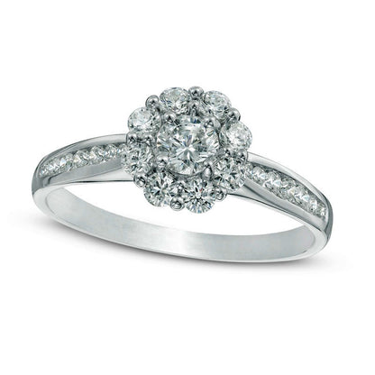 0.75 CT. T.W. Natural Diamond Flower Frame Engagement Ring in Solid 14K White Gold