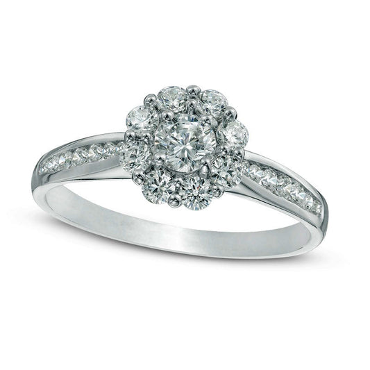 0.75 CT. T.W. Natural Diamond Flower Frame Engagement Ring in Solid 14K White Gold