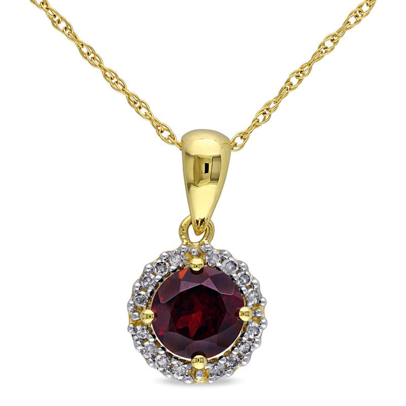 6.0mm Garnet and Natural Diamond Accent Frame Pendant in 10K Yellow Gold - 17