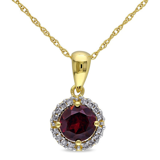 6.0mm Garnet and Natural Diamond Accent Frame Pendant in 10K Yellow Gold - 17