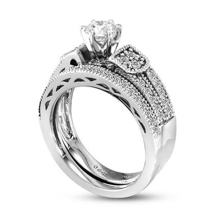 1.0 CT. T.W. Natural Diamond Antique Vintage-Style Bridal Engagement Ring Set in Solid 14K White Gold