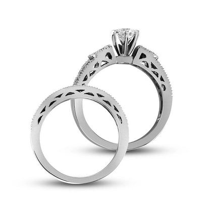 1.0 CT. T.W. Natural Diamond Antique Vintage-Style Bridal Engagement Ring Set in Solid 14K White Gold
