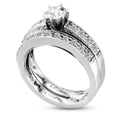 0.88 CT. T.W. Natural Diamond Antique Vintage-Style Bridal Engagement Ring Set in Solid 14K White Gold