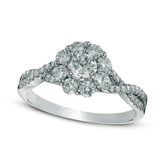 0.88 CT. T.W. Natural Diamond Flower Frame Twist Engagement Ring in Solid 14K White Gold
