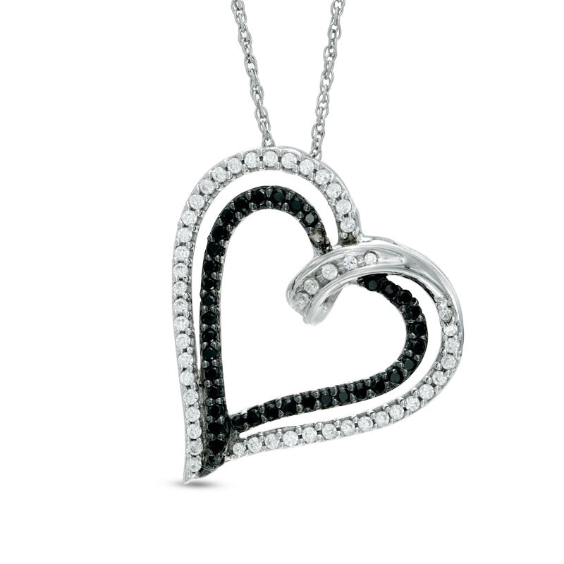 0.5 CT. T.W. Enhanced Black and White Natural Diamond Tilted Double Heart Pendant in Sterling Silver