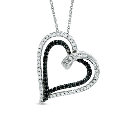 0.5 CT. T.W. Enhanced Black and White Natural Diamond Tilted Double Heart Pendant in Sterling Silver