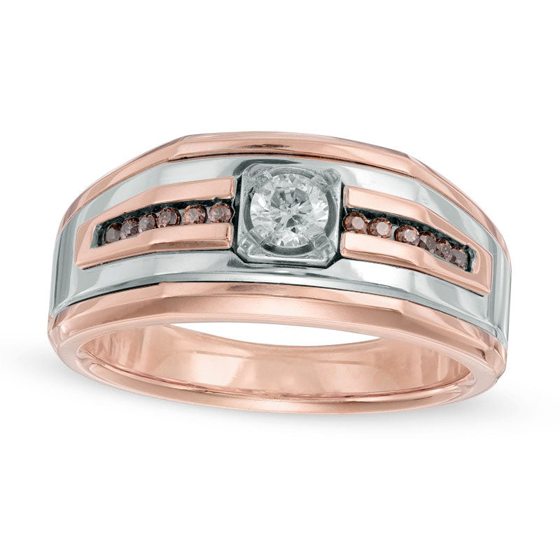 Men's 0.50 CT. T.W. Champagne and White Natural Diamond Comfort Fit Band in Solid 14K Two-Tone Gold