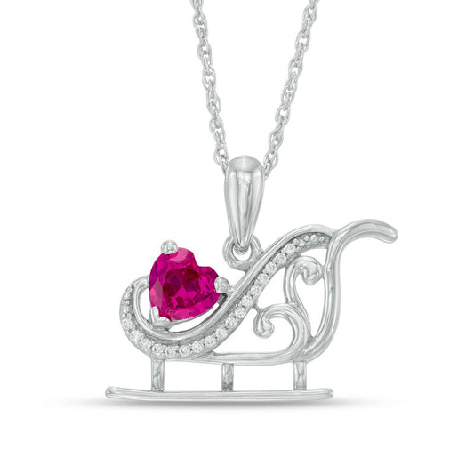 5.0mm Heart-Shaped Lab-Created Ruby and Diamond Accent Sleigh Pendant in Sterling Silver