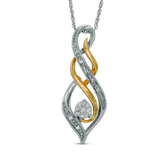 Natural Diamond Accent MOM" Flame Twist Pendant in Sterling Silver and 10K Yellow Gold"