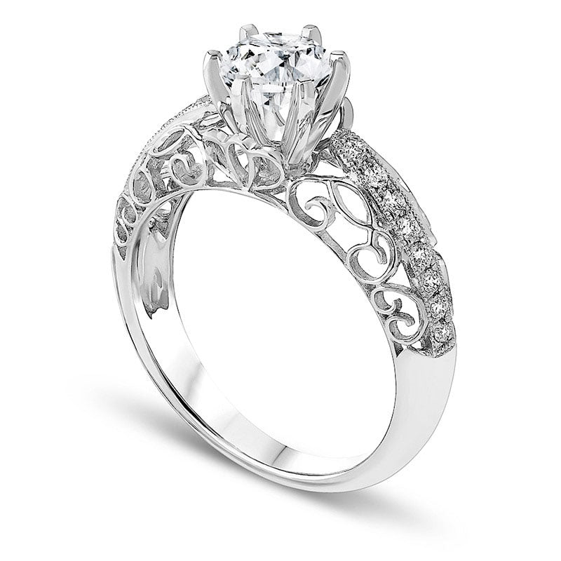 0.88 CT. T.W. Natural Diamond Scroll Antique Vintage-Style Engagement Ring in Solid 14K White Gold