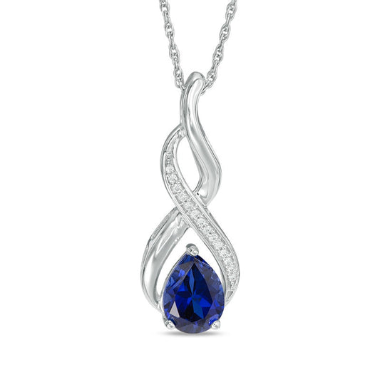 Pear-Shaped Lab-Created Blue Sapphire and 0.07 CT. T.W. Diamond Cascading Flame Pendant in Sterling Silver