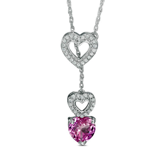 6.0mm Lab-Created Pink Sapphire and 0.1 CT. T.W. Diamond Heart Lariat Necklace in Sterling Silver