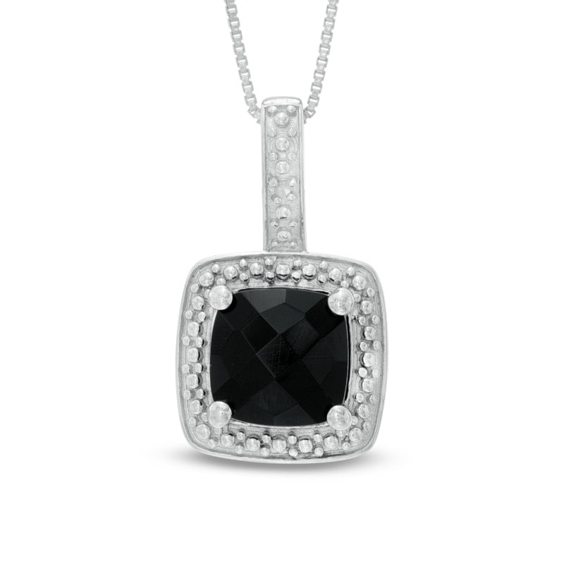 8.0mm Princess-Cut Onyx and Natural Diamond Accent Frame Pendant in Sterling Silver