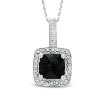 8.0mm Princess-Cut Onyx and Natural Diamond Accent Frame Pendant in Sterling Silver