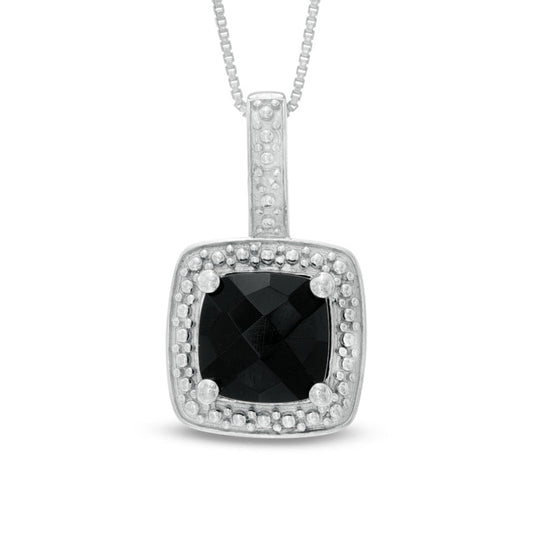8.0mm Princess-Cut Onyx and Natural Diamond Accent Frame Pendant in Sterling Silver