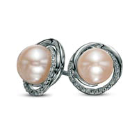 8.0mm Button Cultured Freshwater Pearl and Diamond Accent Swirl Frame Stud Earrings in Sterling Silver
