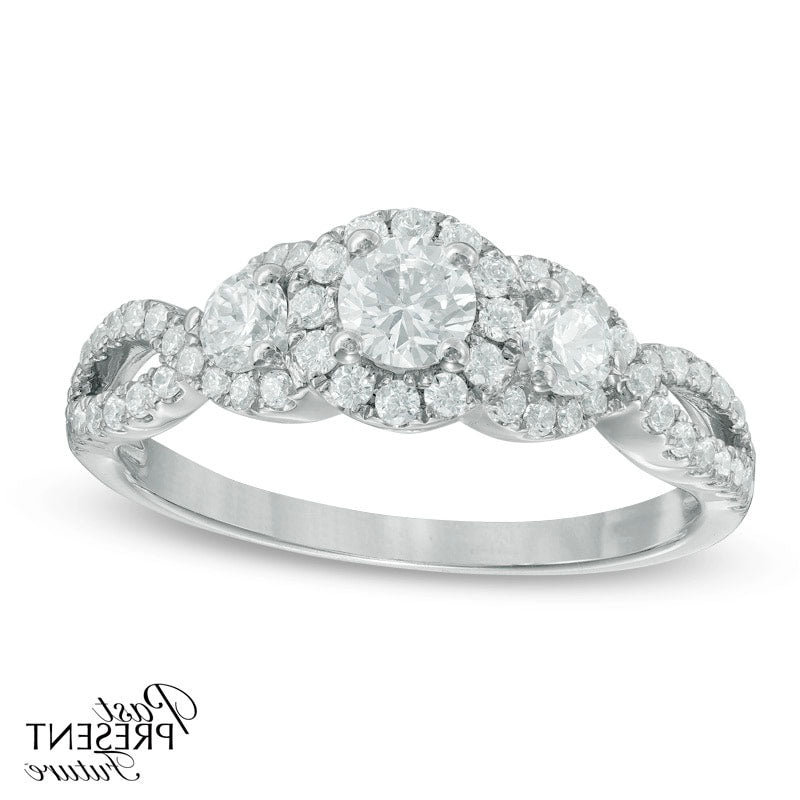 0.75 CT. T.W. Natural Diamond Past Present Frame Future« Twist Split Shank Engagement Ring in Solid 14K White Gold