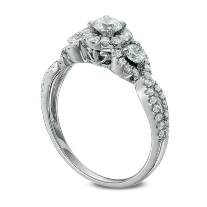 0.75 CT. T.W. Natural Diamond Past Present Frame Future« Twist Split Shank Engagement Ring in Solid 14K White Gold