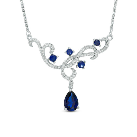 Pear-Shaped Lab-Created Blue and White Sapphire Scroll Necklace in Sterling Silver - 15