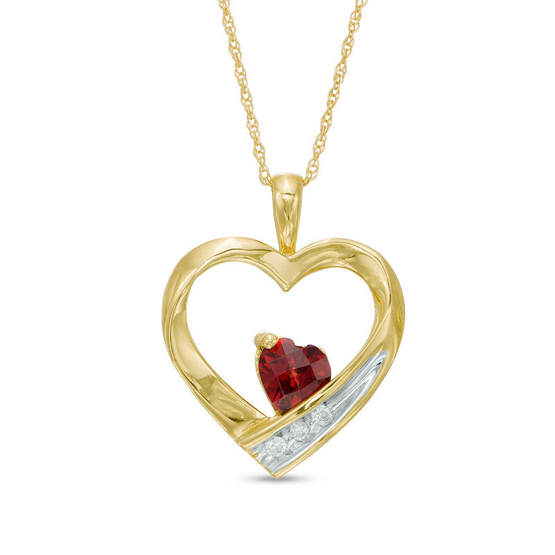 5.0mm Heart-Shaped Garnet and Natural Diamond Accent Heart Pendant in 10K Yellow Gold