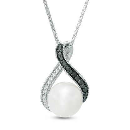 9.0mm Cultured Freshwater Pearl and 0.13 CT. T.W. Enhanced Black and White Natural Diamond Loop Pendant in Sterling Silver