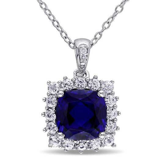 8.0mm Cushion-Cut Lab-Created Blue and White Sapphire and Diamond Accent Frame Pendant in Sterling Silver