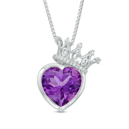 10.0mm Heart-Shaped Amethyst and Natural Diamond Accent Crown Pendant in Sterling Silver