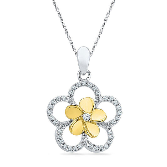 0.17 CT. T.W. Natural Diamond Pinwheel Frame Flower Pendant in Sterling Silver and 10K Yellow Gold
